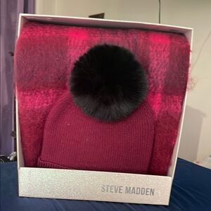 Steve Madden Red and Black Pom Pom Beanie Set